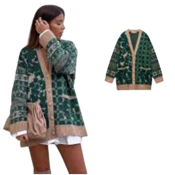 Zara Courtyard Patchwork Oversized Cardigan Sweater Green Tan Small - Picture 9 of 9